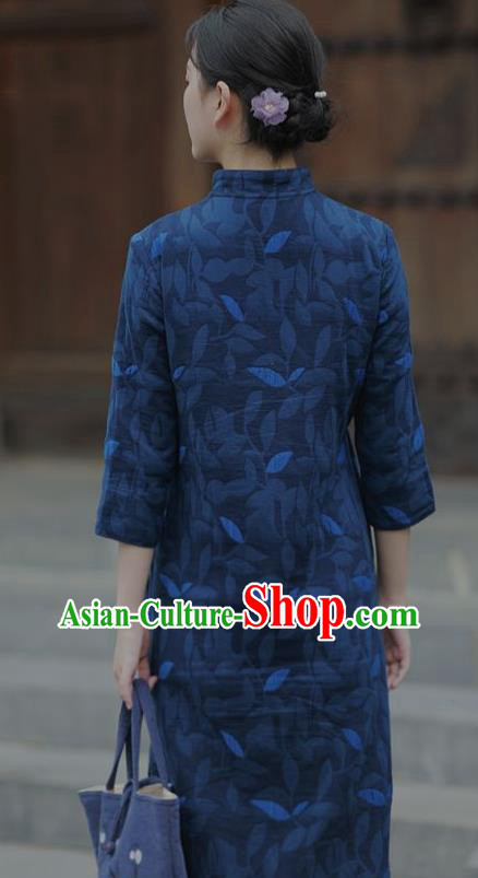 China National Hand Painting Navy Flax Qipao Dress Clothing Traditional Young Lady Cheongsam