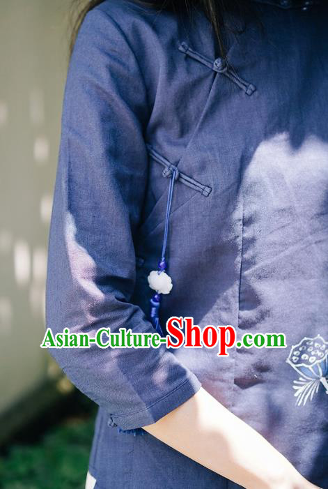 China Tang Suit Hand Painting Lotus Shirt Traditional Costume National Woman Navy Ramie Blouse