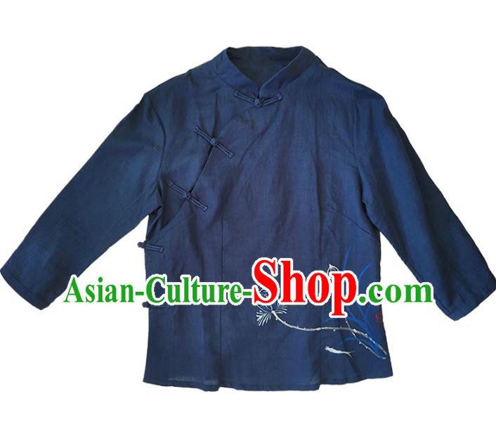 China Tang Suit Hand Painting Lotus Shirt Traditional Costume National Woman Navy Ramie Blouse