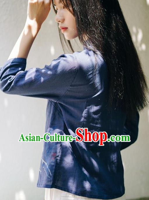China Tang Suit Hand Painting Lotus Shirt Traditional Costume National Woman Navy Ramie Blouse