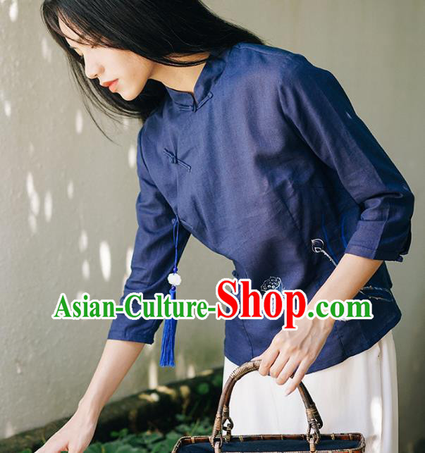 China Tang Suit Hand Painting Lotus Shirt Traditional Costume National Woman Navy Ramie Blouse