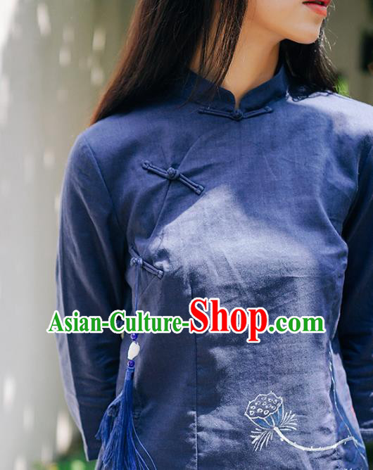 China Tang Suit Hand Painting Lotus Shirt Traditional Costume National Woman Navy Ramie Blouse