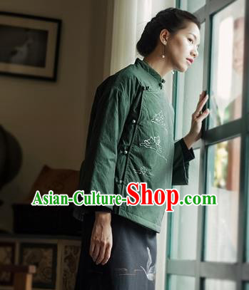 China Tang Suit Coat Traditional Winter Costume National Woman Green Ramie Cotton Wadded Jacket