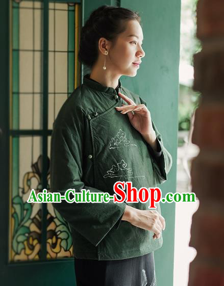 China Tang Suit Coat Traditional Winter Costume National Woman Green Ramie Cotton Wadded Jacket