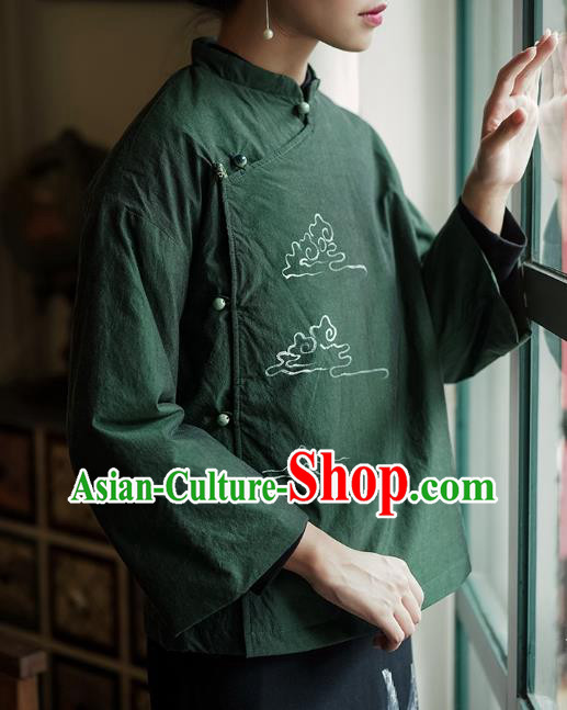 China Tang Suit Coat Traditional Winter Costume National Woman Green Ramie Cotton Wadded Jacket