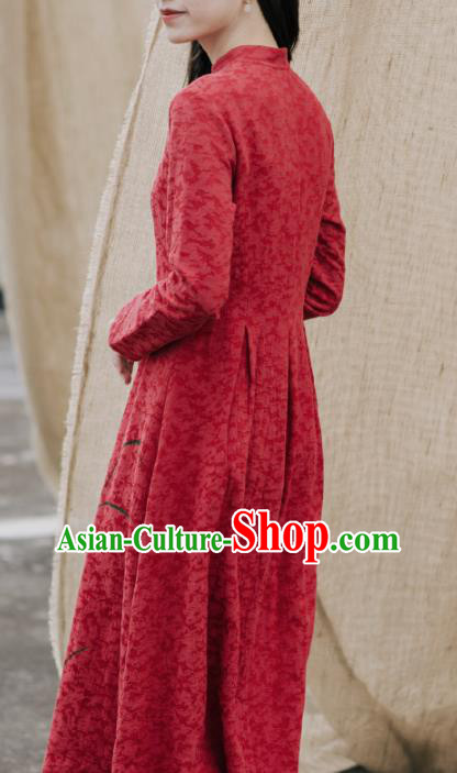 China National New Year Red Qipao Dress Clothing Traditional Hand Painting Orchids Cheongsam