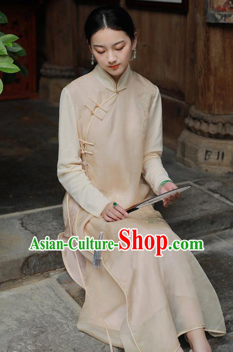 China National Embroidered Qipao Dress Clothing Traditional Young Lady Beige Organdy Cheongsam