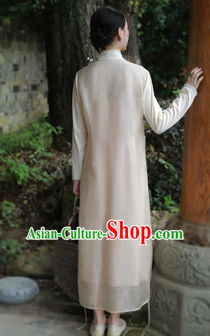 China National Embroidered Qipao Dress Clothing Traditional Young Lady Beige Organdy Cheongsam