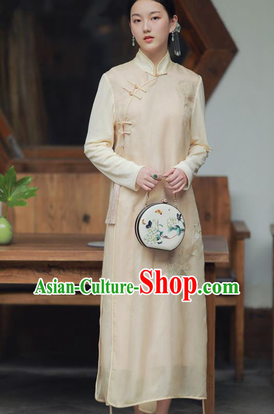 China National Embroidered Qipao Dress Clothing Traditional Young Lady Beige Organdy Cheongsam