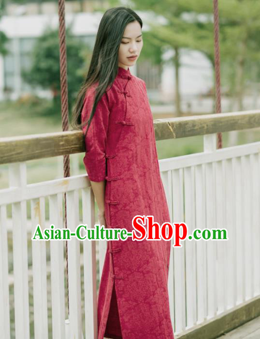 China National Young Lady Qipao Dress Clothing Traditional Red Flax Cheongsam