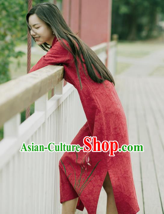 China National Young Lady Qipao Dress Clothing Traditional Red Flax Cheongsam