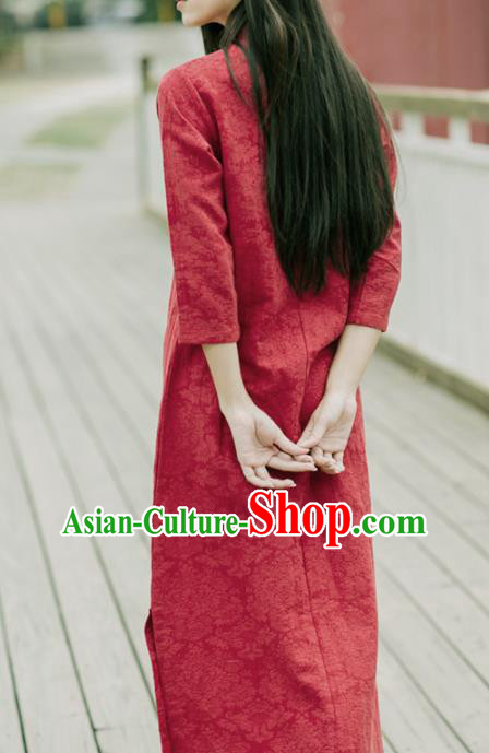 China National Young Lady Qipao Dress Clothing Traditional Red Flax Cheongsam