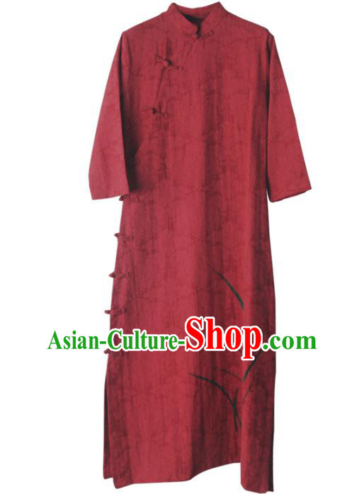 China National Young Lady Qipao Dress Clothing Traditional Red Flax Cheongsam