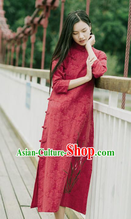 China National Young Lady Qipao Dress Clothing Traditional Red Flax Cheongsam