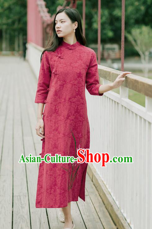 China National Young Lady Qipao Dress Clothing Traditional Red Flax Cheongsam