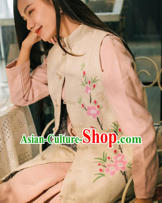 Chinese National Hand Painting Peach Blossom Waistcoat Traditional Beige Flax Vest Costume