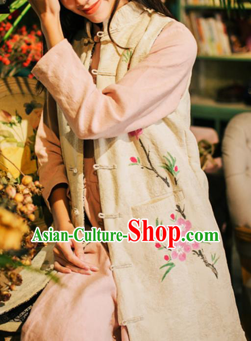 Chinese National Hand Painting Peach Blossom Waistcoat Traditional Beige Flax Vest Costume
