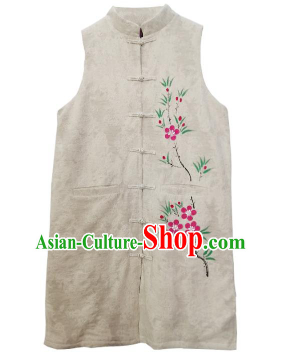 Chinese National Hand Painting Peach Blossom Waistcoat Traditional Beige Flax Vest Costume