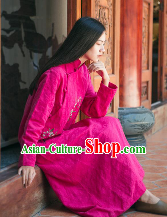 China National Young Lady Jacquard Qipao Dress Clothing Traditional Stand Collar Rosy Cheongsam
