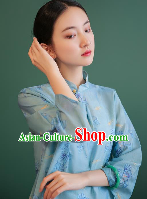 China Tang Suit Light Blue Shirt Traditional Printing Costume National Woman Slant Opening Blouse