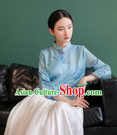 China Tang Suit Light Blue Shirt Traditional Printing Costume National Woman Slant Opening Blouse