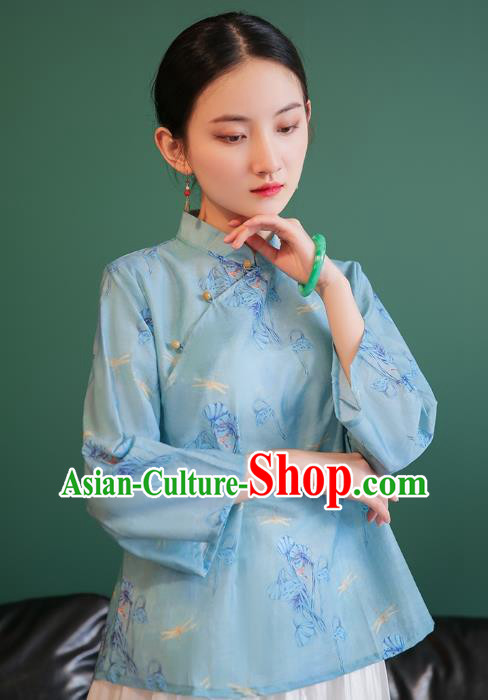 China Tang Suit Light Blue Shirt Traditional Printing Costume National Woman Slant Opening Blouse