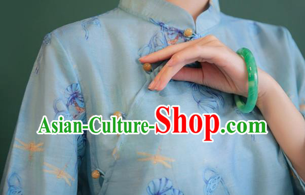 China Tang Suit Light Blue Shirt Traditional Printing Costume National Woman Slant Opening Blouse