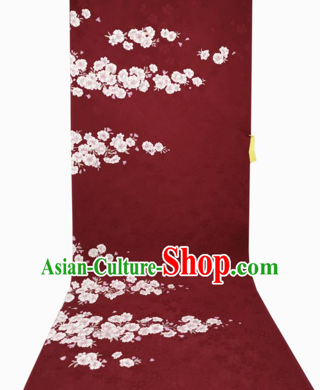 Asian Japan Classical Sakura Pattern Dark Red Silk Fabric Japanese Traditional Kimono Silk Drapery