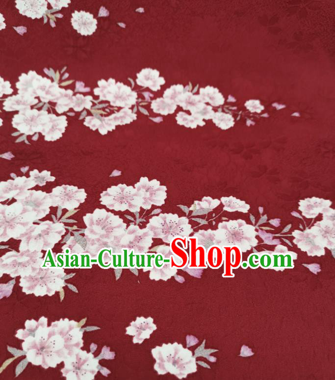 Asian Japan Classical Sakura Pattern Dark Red Silk Fabric Japanese Traditional Kimono Silk Drapery