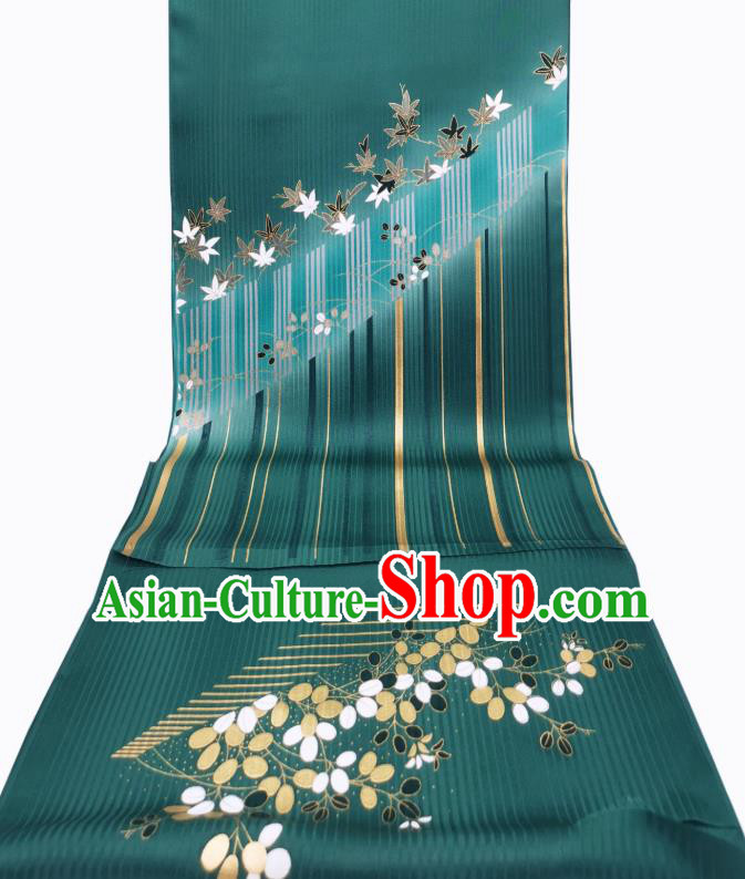 Asian Japanese Kimono Tapestry Drapery Green Brocade Japan Traditional Maple Leaf Pattern Silk Fabric