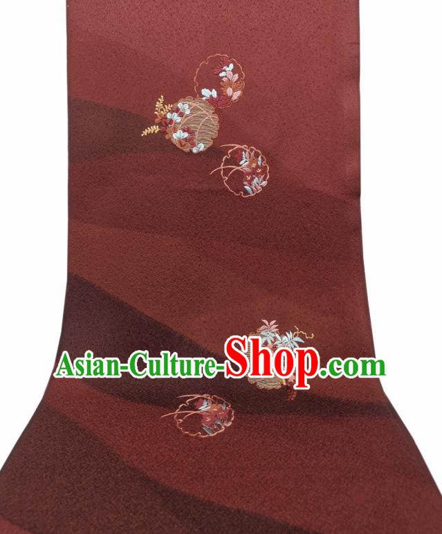 Asian Japan Traditional Silk Fabric Japanese Kimono Tapestry Drapery Embroidered Dark Red Brocade