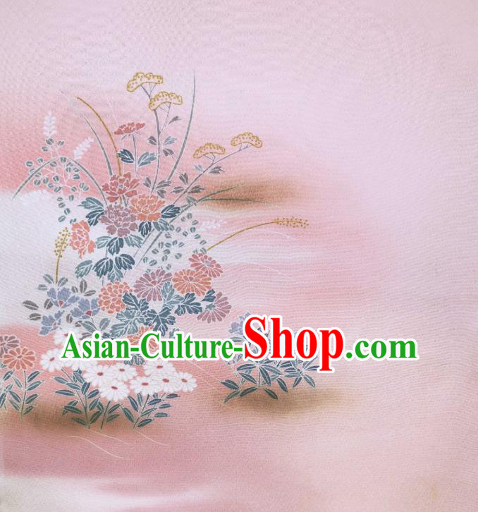 Asian Traditional Drapery Japan Kimono Printing Chrysanthemum Pink Brocade Japanese Silk Fabric