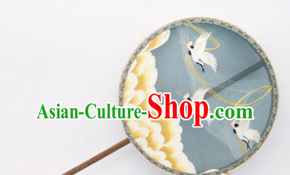 China Ancient Princess Blue Silk Fan Classical Embroidered Cranes Circular Fans Traditional Palace Fan