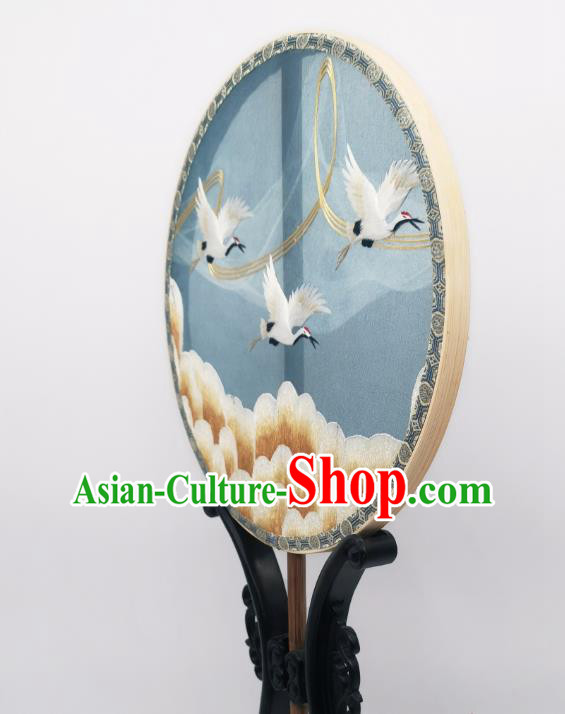 China Ancient Princess Blue Silk Fan Classical Embroidered Cranes Circular Fans Traditional Palace Fan