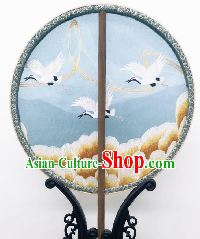 China Ancient Princess Blue Silk Fan Classical Embroidered Cranes Circular Fans Traditional Palace Fan