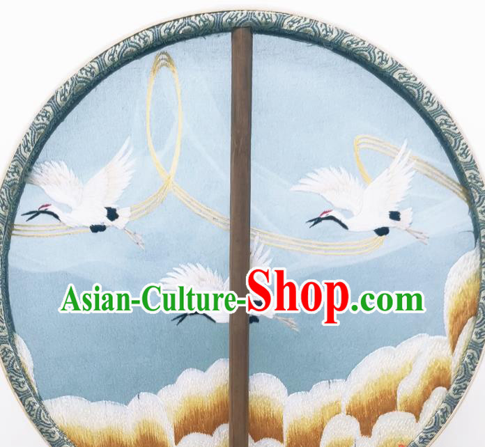 China Ancient Princess Blue Silk Fan Classical Embroidered Cranes Circular Fans Traditional Palace Fan