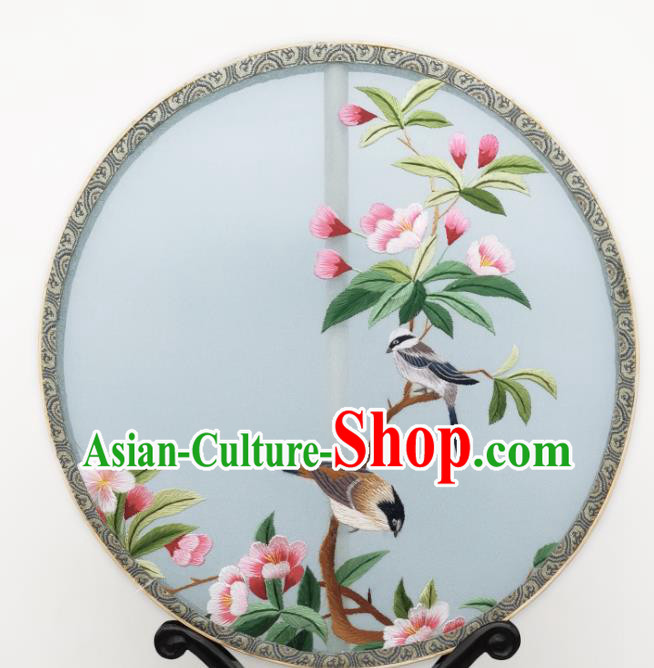 China Classical Embroidered Begonia Circular Fans Traditional Palace Fan Ancient Princess Blue Silk Fan