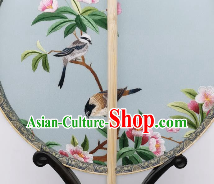 China Classical Embroidered Begonia Circular Fans Traditional Palace Fan Ancient Princess Blue Silk Fan