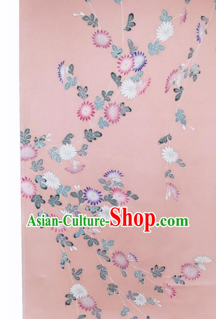 Asian Traditional Satin Drapery Japanese Kimono Pink Silk Fabric Japan Classical Chrysanthemum Pattern Brocade