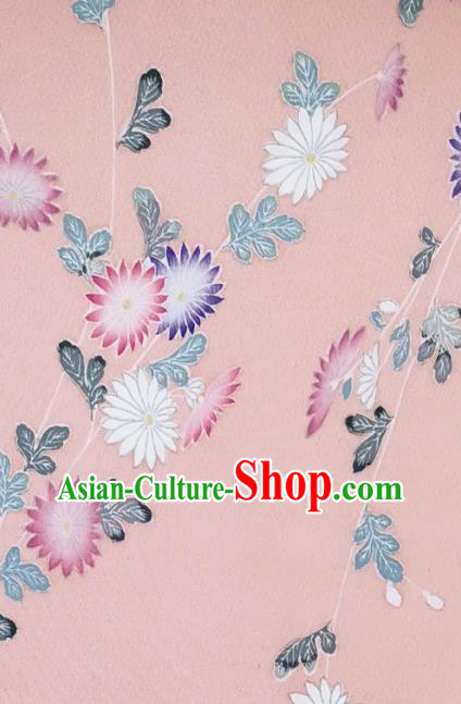 Asian Traditional Satin Drapery Japanese Kimono Pink Silk Fabric Japan Classical Chrysanthemum Pattern Brocade