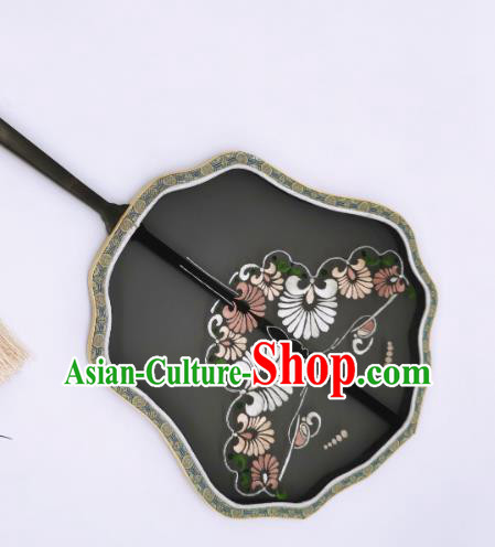 China Suzhou Double Side Embroidery Palace Fan Handmade Black Silk Fan Hanfu Fans