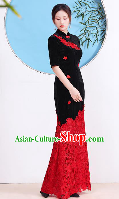 China Stage Show Red Lace Fishtail Cheongsam Catwalks Black Velvet Qipao Dress Compere Clothing