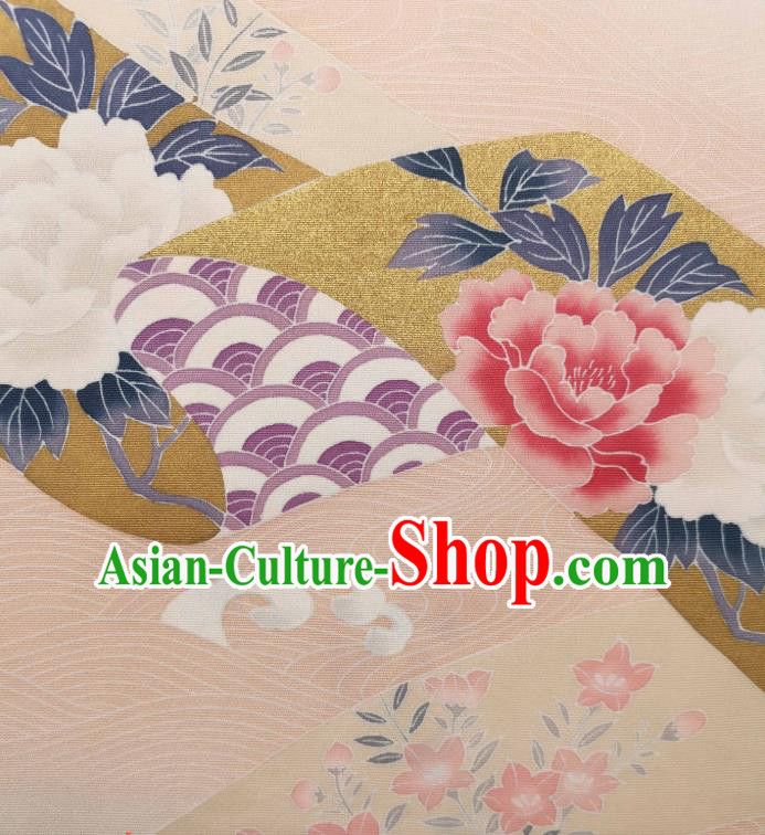 Asian Japan Classical Peony Pattern Beige Brocade Traditional Silk Fabric Japanese Kimono Cloth Drapery