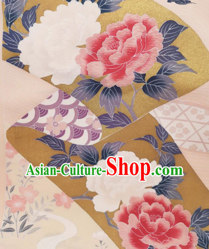 Asian Japanese Kimono Cloth Drapery Japan Classical Peony Pattern Beige Brocade Traditional Silk Fabric