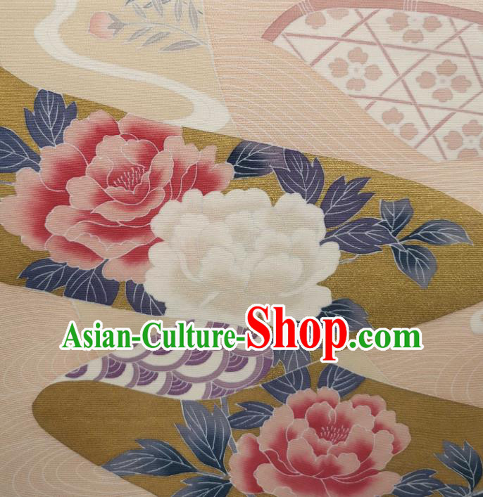 Asian Traditional Silk Fabric Japanese Kimono Cloth Drapery Japan Classical Peony Pattern Beige Brocade