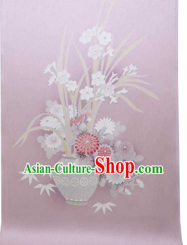 Asian Japanese Kimono Tapestry Drapery Japan Hand Painting Flowers Vase Lilac Brocade Traditional Silk Fabric