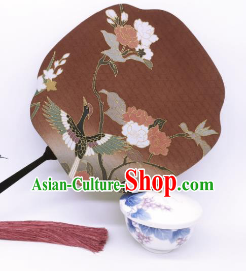 China Hand Painting Crane Flowers Palace Fan Brown Silk Fan Traditional Cheongsam Dance Fans