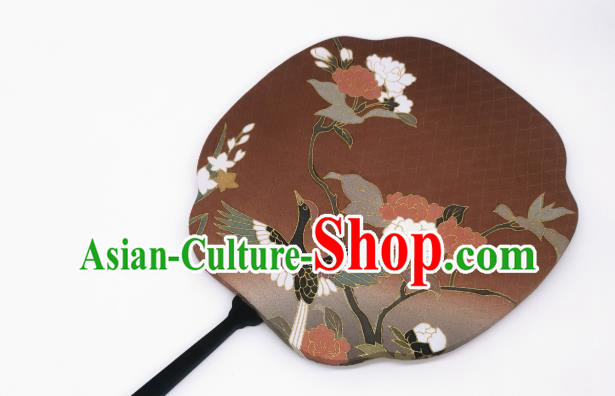 China Hand Painting Crane Flowers Palace Fan Brown Silk Fan Traditional Cheongsam Dance Fans
