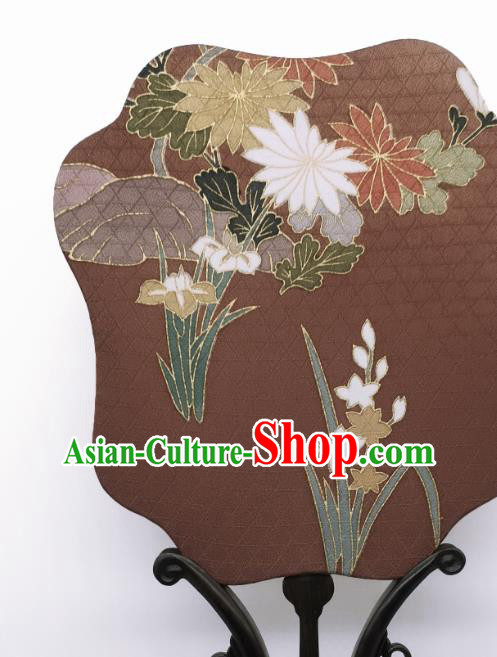 China Traditional Brown Silk Fan Cheongsam Dance Fans Hand Painting Orchids Chrysanthemum Palace Fan
