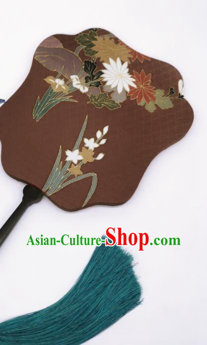 China Traditional Brown Silk Fan Cheongsam Dance Fans Hand Painting Orchids Chrysanthemum Palace Fan